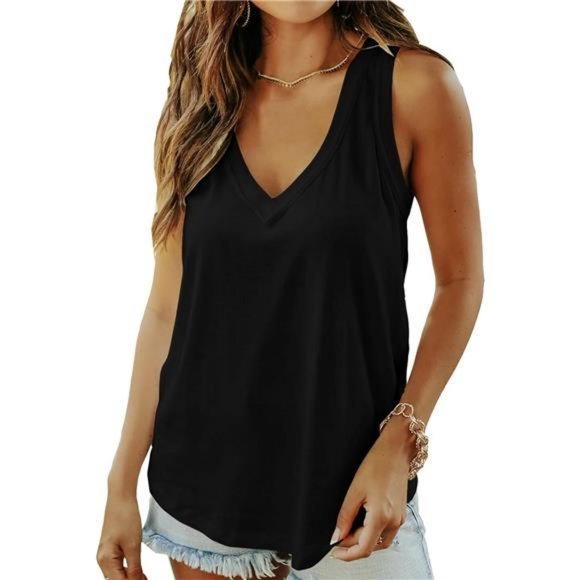 Women Summer Deep V Neck Tank Top Loose Fit Flowy Shirt - Picture 2 of 4